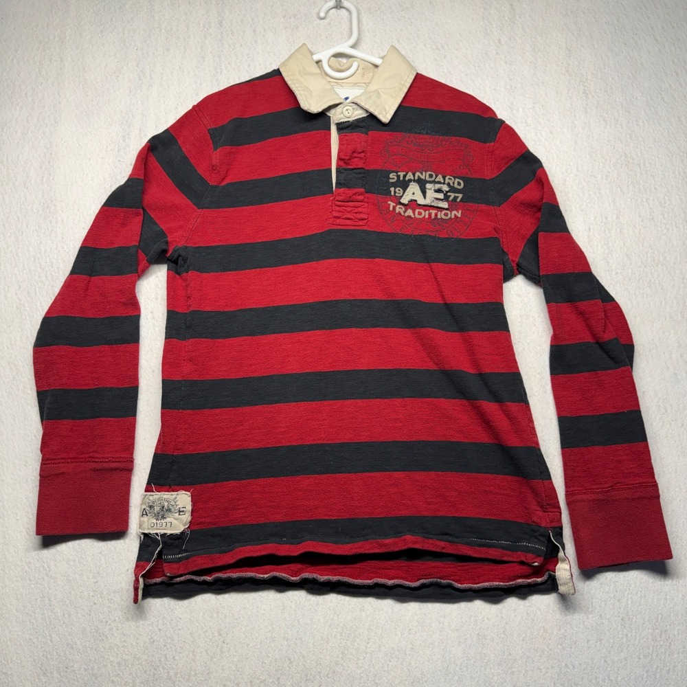 American Eagle Red Navy Striped Long Sleeve Eagle Rugby Shirt Large Distressed 7